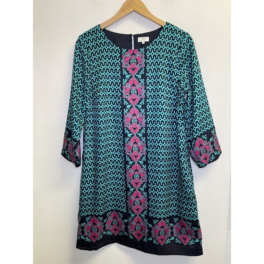 Crown & Ivy Women's 10 Teal/Pink/Navy Shift Dress 3/4 Sleeve Lined